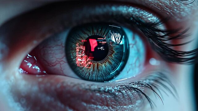 Macro close-up of a human eye with vibrant blue and green iris featuring digital circuit board reflections in a dark background.