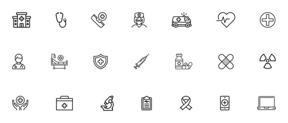 Hospital and medical health care outline icons set. Medical kit, hospital, emergency, stethoscope, report, healthcare, doctor, patient symbol. Health Care symbols. Medical icons for web and mobile app