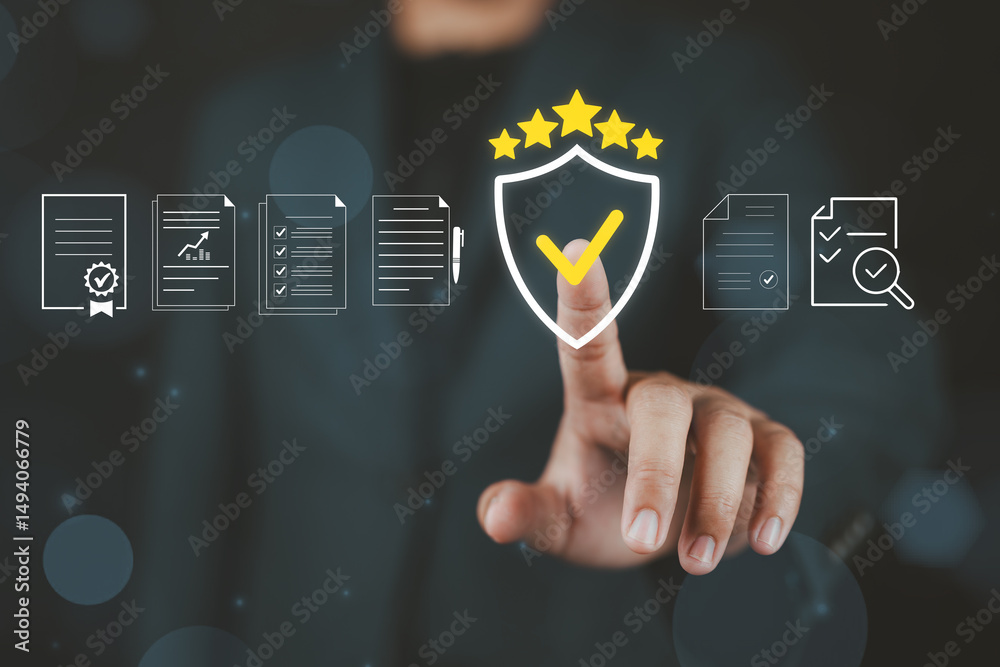 Poster Quality Assurance and Certification Compliance Concept. Man touching standard quality control certificate assurance guarantee for automation process. Quality control management, Audit Documentation,