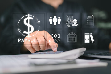 Payroll Management and Salary Processing System. Businessman calculates payroll, with icons...
