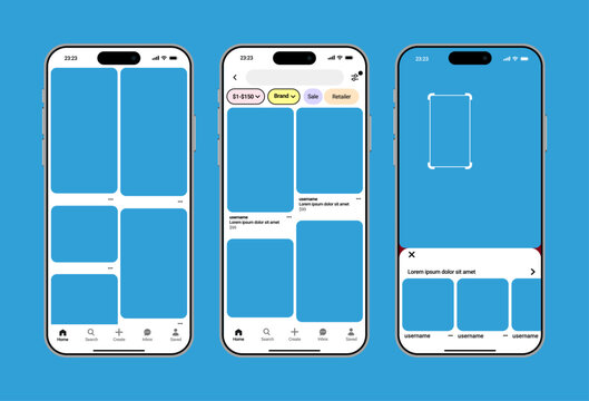 Pinterest photo frame mobile UI mockup with grid layout photo thumbnails search bar and pin button in a clean image discovery interface. Vector illustration for mobile app design.	
