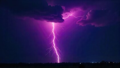 Dramatic bolt of lightning striking a dark stormy sky at night , intense, flash of light