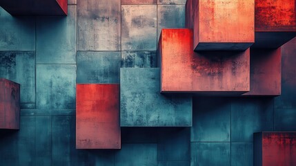 Abstract geometric pattern of rusty red and teal cubes