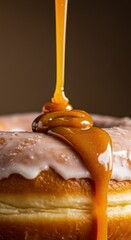 A close-up shot shows caramel sauce being poured onto a glazed doughnut, highlighting its texture and the rich, sweet flavor combination.
