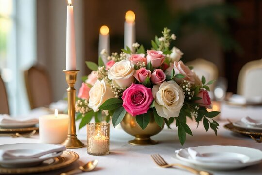 Elegant wedding table centerpiece with flowers, candles, and gold accents , event decor, party