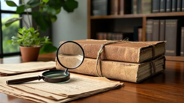 Close up of vintage books with magnifying glass on wooden table with a stack of paper in a library setting with potted plant and bookshelf in the background