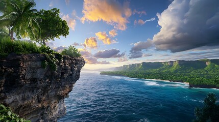 there is a cliff with a tree on top of it overlooking the ocean