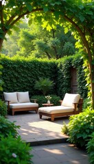 Fototapeta premium Serene backyard oasis featuring lush greenery, comfortable patio furniture, and a tranquil atmosphere perfect for relaxation and unwinding , wood, fauna