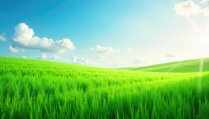 Fototapeta premium Serene green field, lush grass under a clear sky Perfect for nature, environment, or spring themes , landscape, environment