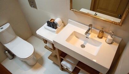 Top view of hotel bathroom interior with double sink, created with generative ai