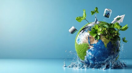 Eco-themed globe with green energy symbols and water conservation elements, clean flat blue backdrop with copy space