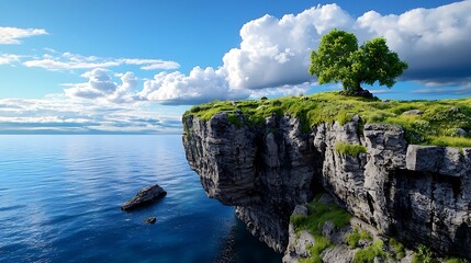 there is a lone tree on the edge of a cliff by the water