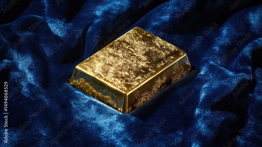 Poster close-up of a lustrous gold bar set against rich blue velvet, sharp focus and clean composition emph