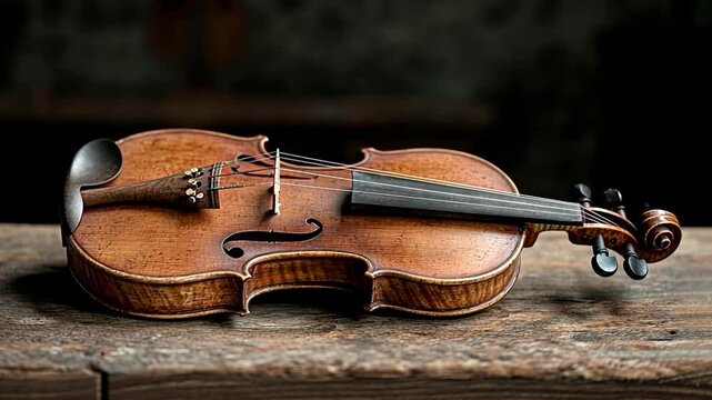 Close-up of a detailed antique string instrument resting on a weathered wooden surface. The instrument showcases warm brown tones with intricate grain patterns against a dark background.
