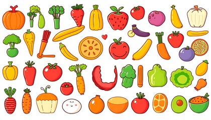 Obraz premium A set of healthy food icons like vegetables, fruits, and grains, bright and fun