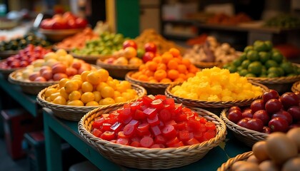 Vibrant Asian Street Market Food Display with Colorful Preserved Produce in Baskets, created with generative ai