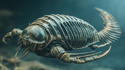 Detailed close-up view of a prehistoric marine arthropod resembling a giant ancient trilobite with segmented exoskeleton and multiple legs, underwater environment scene