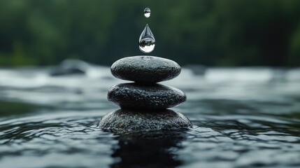 Clear droplet hanging above dark stone and water, a minimalist image symbolizing balance, calm, and liquid alchemy in nature