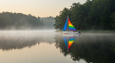 Fototapeta premium Sailboat with a vibrant rainbow sail peacefully floating on a misty lake at dawn, its colorful reflection shimmering on the calm water surrounded by a serene forest.