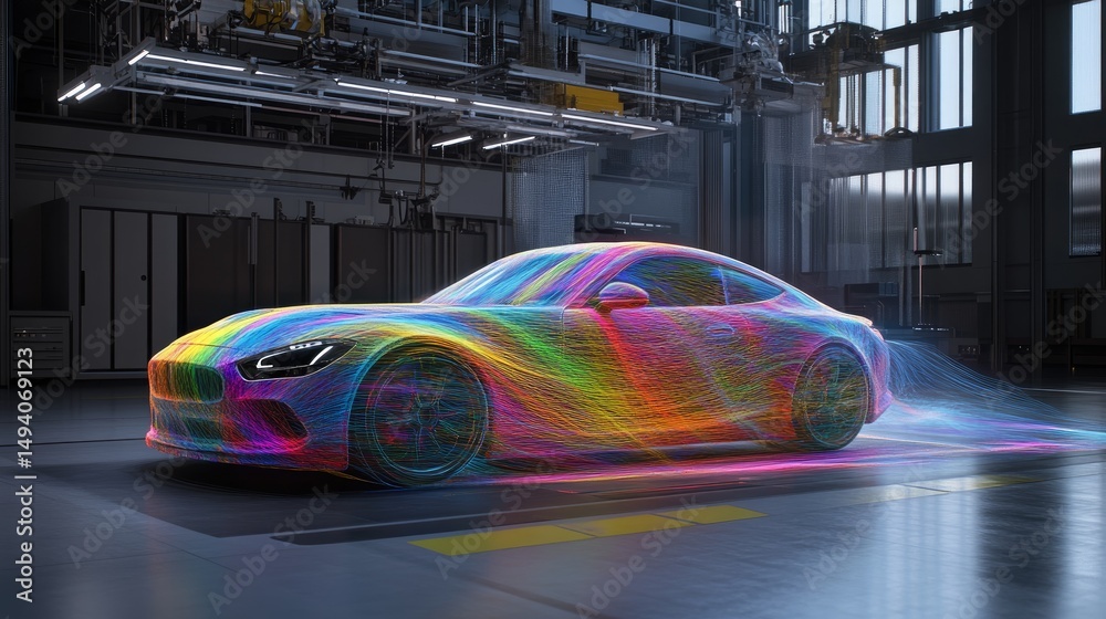 Poster cfd visualization reveals airflow and drag forces on a sleek car model in a wind tunnel, with colorf