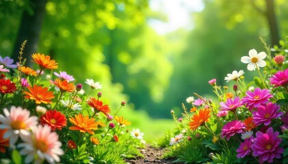 Vibrant summer scene with bright flowers and lush greenery , bright colors, floral, summer garden
