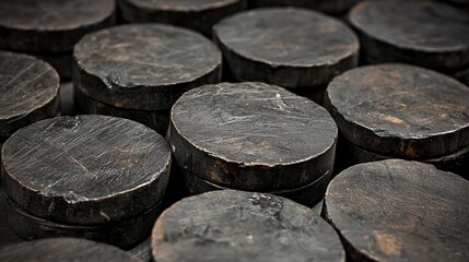 Close-up of hockey pucks, worn, stacked and arranged