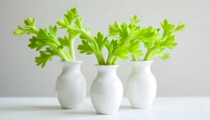 Fototapeta premium White Ceramic Vases with Celery Arrangement, created with generative ai