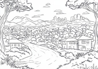 Obraz premium Vue panoramique dessiné d'une ville et de collines