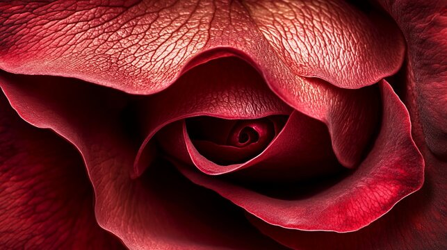 Close-up of a deep red rose, showing intricate petal detail and velvety texture