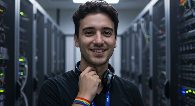 Young adult Caucasian male IT professional with headphones and a rainbow wristband smiles confidently in a modern data center server room aisle. - Powered by Adobe