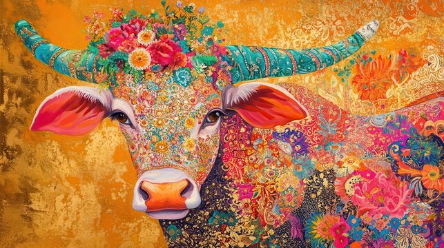 Taureau ornemental aux couleurs vibrantes