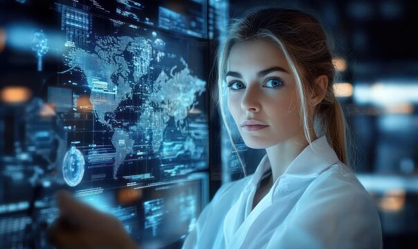Focused woman scientist or analyst looking intently while interacting with futuristic digital world map and data display in high-tech environment