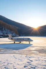 Private jet on frozen lake at sunrise