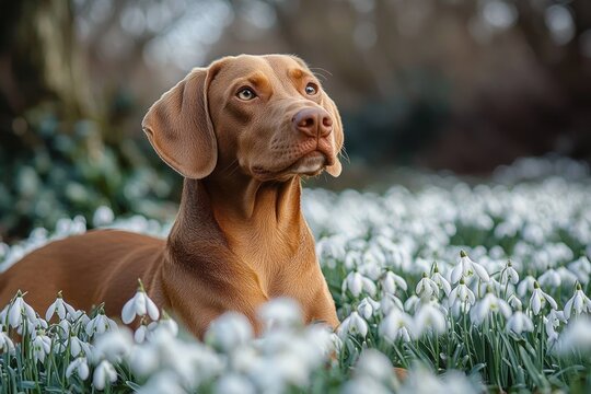 thoughtful brown dog lying peacefully among blooming delicate white snowdrop flowers in a natural outdoor setting