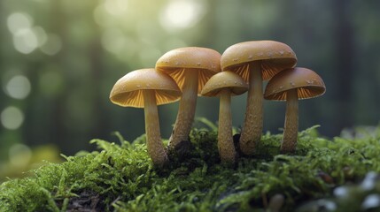 Fototapeta premium Cluster of Wild Mushrooms Growing on Mossy Log in Forest Environment
