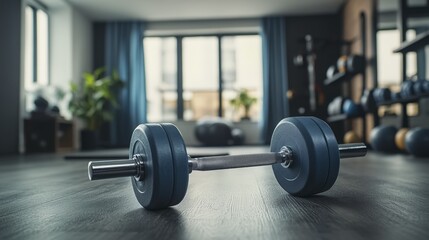 Fototapeta premium Dumbbell Rests on a Dark Wooden Floor in a Modern Home Gym Setting