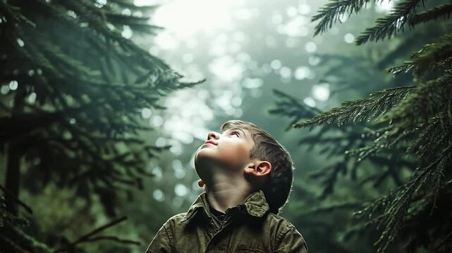 A young child gazes upward amidst a dense, green forest setting. Raindrops glisten on the foliage, creating a serene, nature-focused atmosphere.