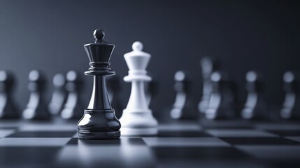 Chess Queens on Checkered Board with Blurred Pieces in Background