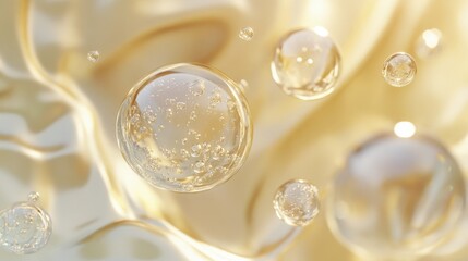 Fototapeta premium Liquid Capsules with Bubbles Against Golden Cream Surface