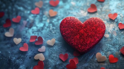 Obraz premium Textured Red Heart with Scattered Paper Hearts on Concrete Background