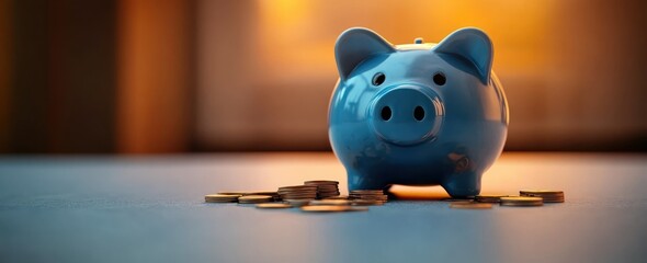 blue piggy bank with scattered coins on a flat surface with warm blurred background conveying savings and financial security