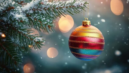 Close-up of a colorful striped Christmas ornament hanging from a snow-dusted pine branch with soft glowing lights and falling snowflakes in the background