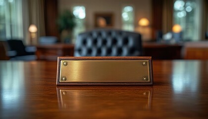 empty brass nameplate on wooden desk in an office setting with leather tufted chair blurred in background