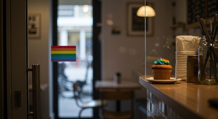 Rainbow-frosted cupcake sits on a cafe counter, with a Pride flag sticker visible on the glass door, symbolizing an LGBTQ+ friendly establishment.