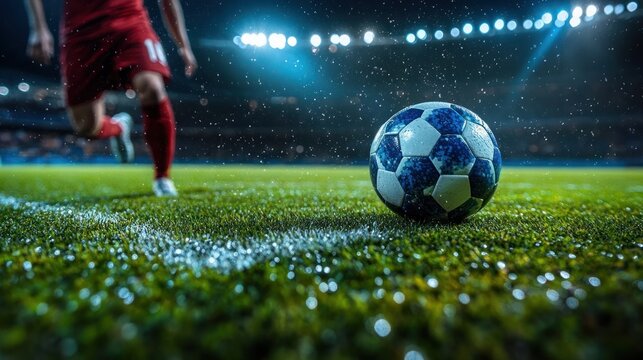 Close-up of a soccer ball on wet grass with a player in red uniform running towards it under bright stadium lights at night