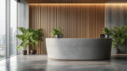 Modern reception area with concrete desk and wooden wall paneling and plants