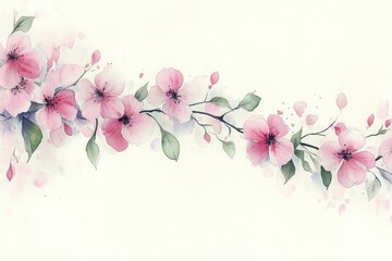 Naklejka premium Delicate watercolor painting of pink cherry blossoms and green leaves on fine branches, evoking a gentle and serene spring atmosphere