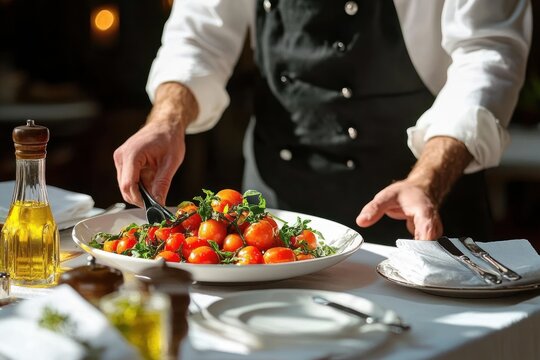 Chef preparing a fresh plate of vine-ripened cherry tomatoes on a white tablecloth in a warmly lit restaurant setting - Powered by Adobe