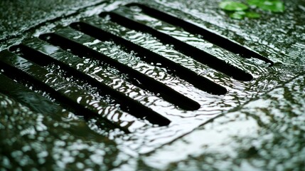 Water flowing over a dark metal grate on rough stone