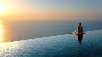 Fototapeta premium A serene figure meditating by an infinity pool at sunset, reflecting tranquility and mindfulness.